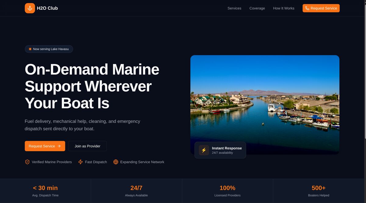 h2oclub.app landing page: On-Demand Marine Support Wherever Your Boat Is, with dispatch stats